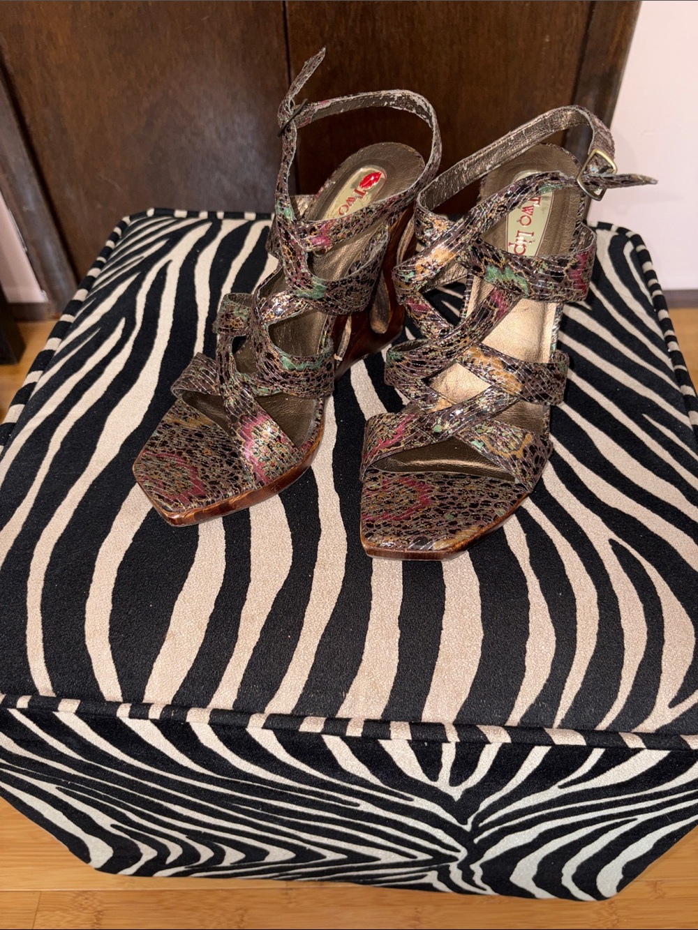 Two Lips Multicolor Strappy Snake-Print High Heels